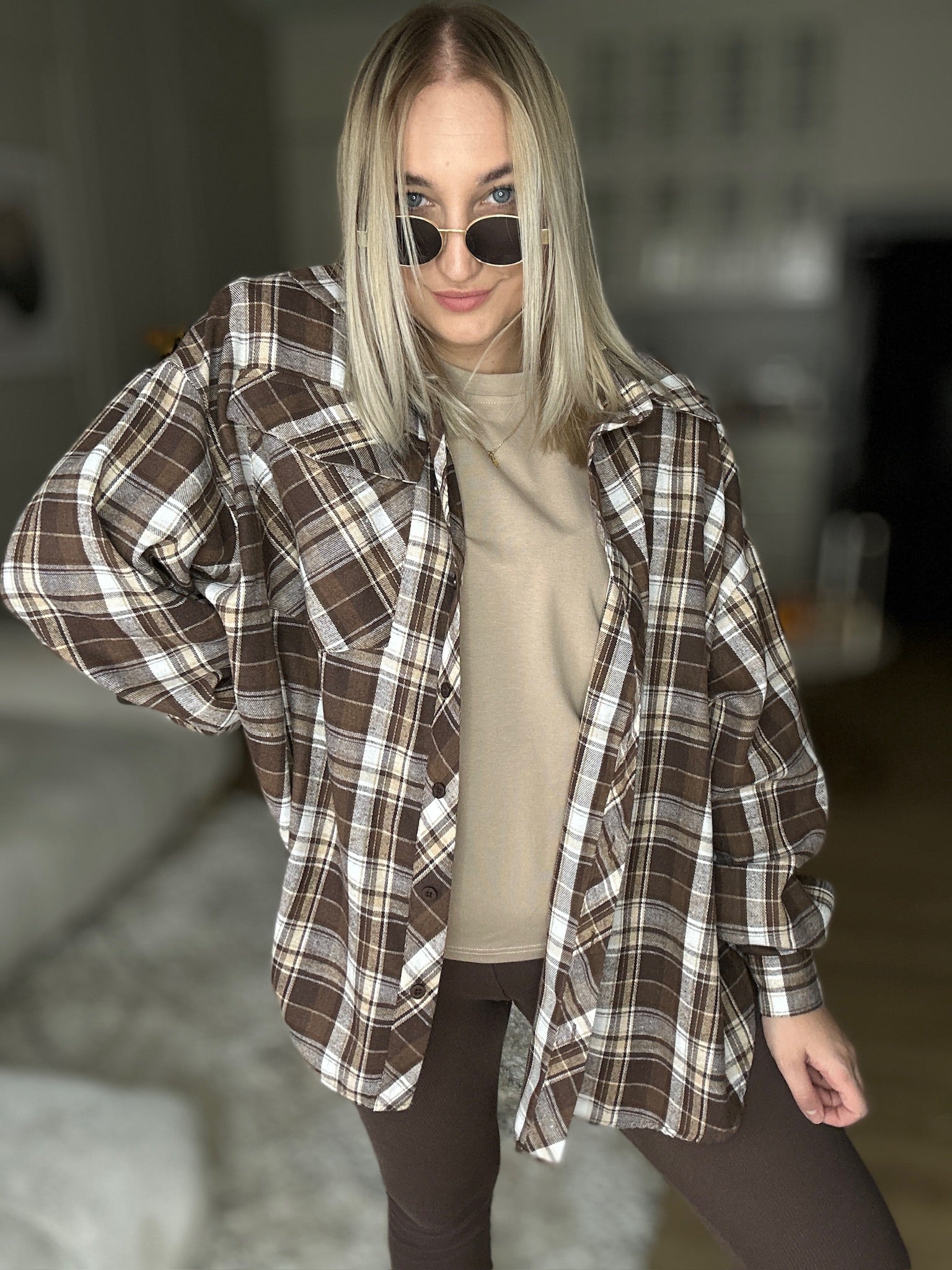 Koszula w kratę oversiza POLSKA PRODUKCJA - brąz/beż