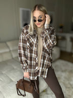 Koszula w kratę oversiza POLSKA PRODUKCJA - brąz/beż