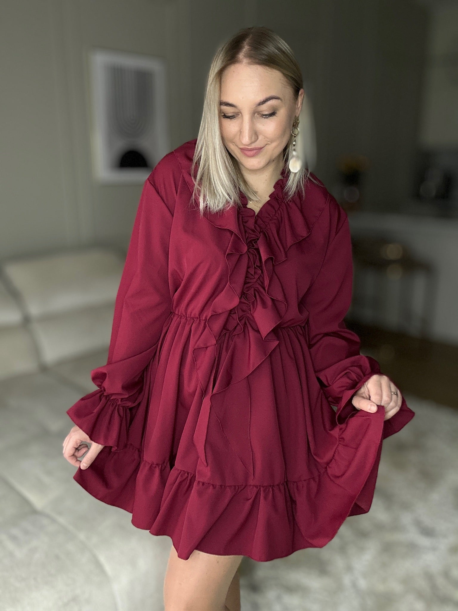 Sukienka z falbanami POLSKA PRODUKCJA - bordowa