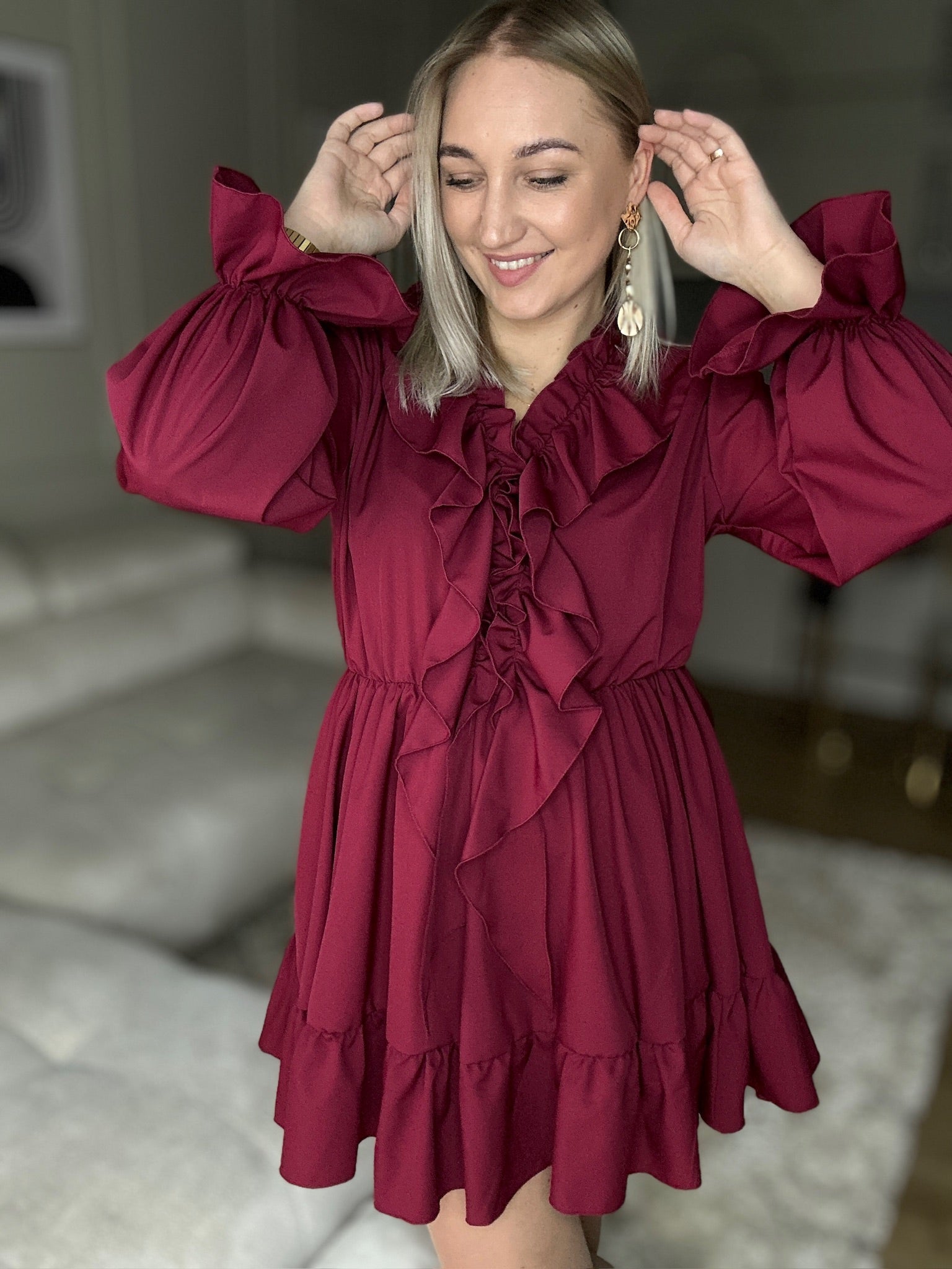 Sukienka z falbanami POLSKA PRODUKCJA - bordowa