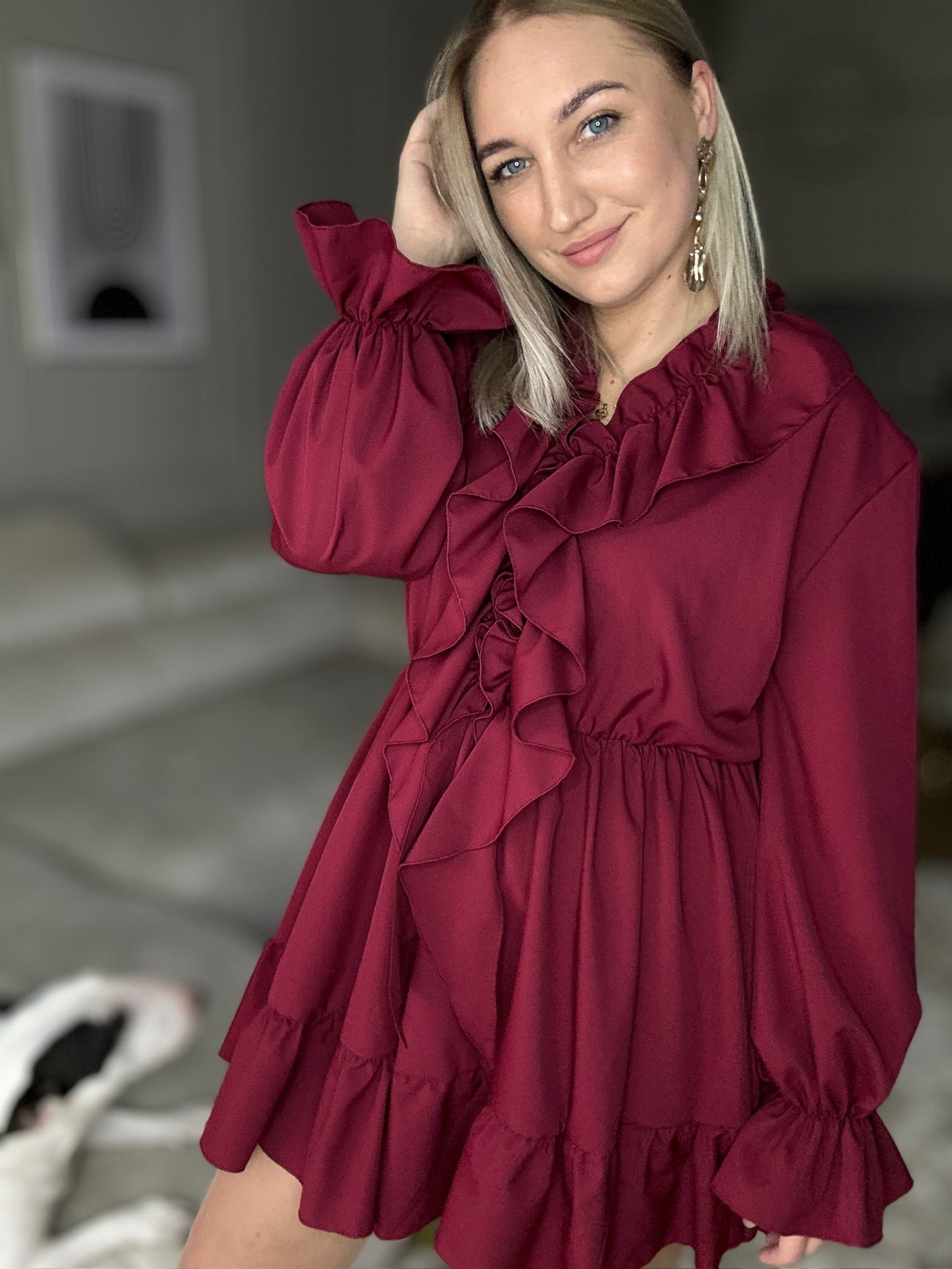 Sukienka z falbanami POLSKA PRODUKCJA - bordowa